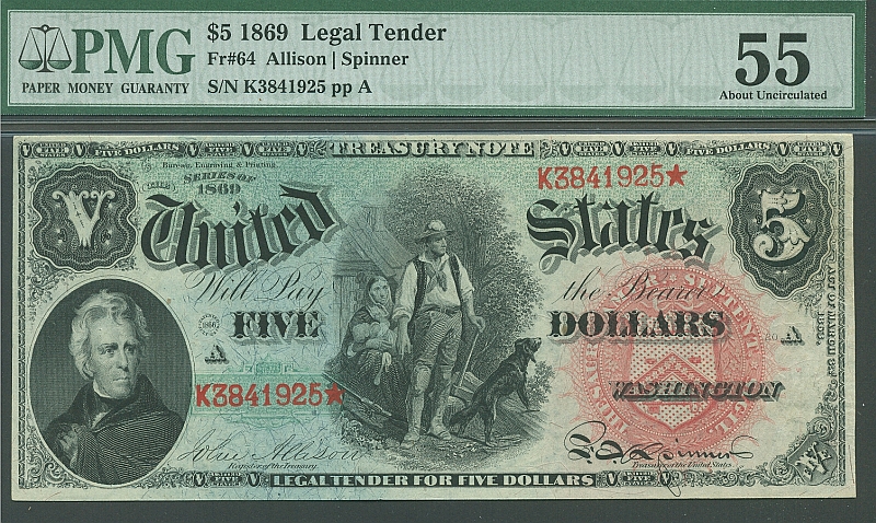 Fr.0064, 1869 $5 Legal Tender "Rainbow" Note, ChAU